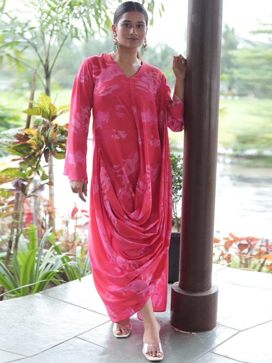 Mush Clothing Women Abstract Printed Draped Crepe Gown Maxi Dress