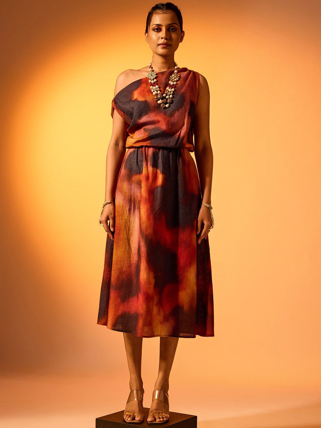 dhaaga Women Abstract Print One Shoulder Linen A-Line Midi Dress