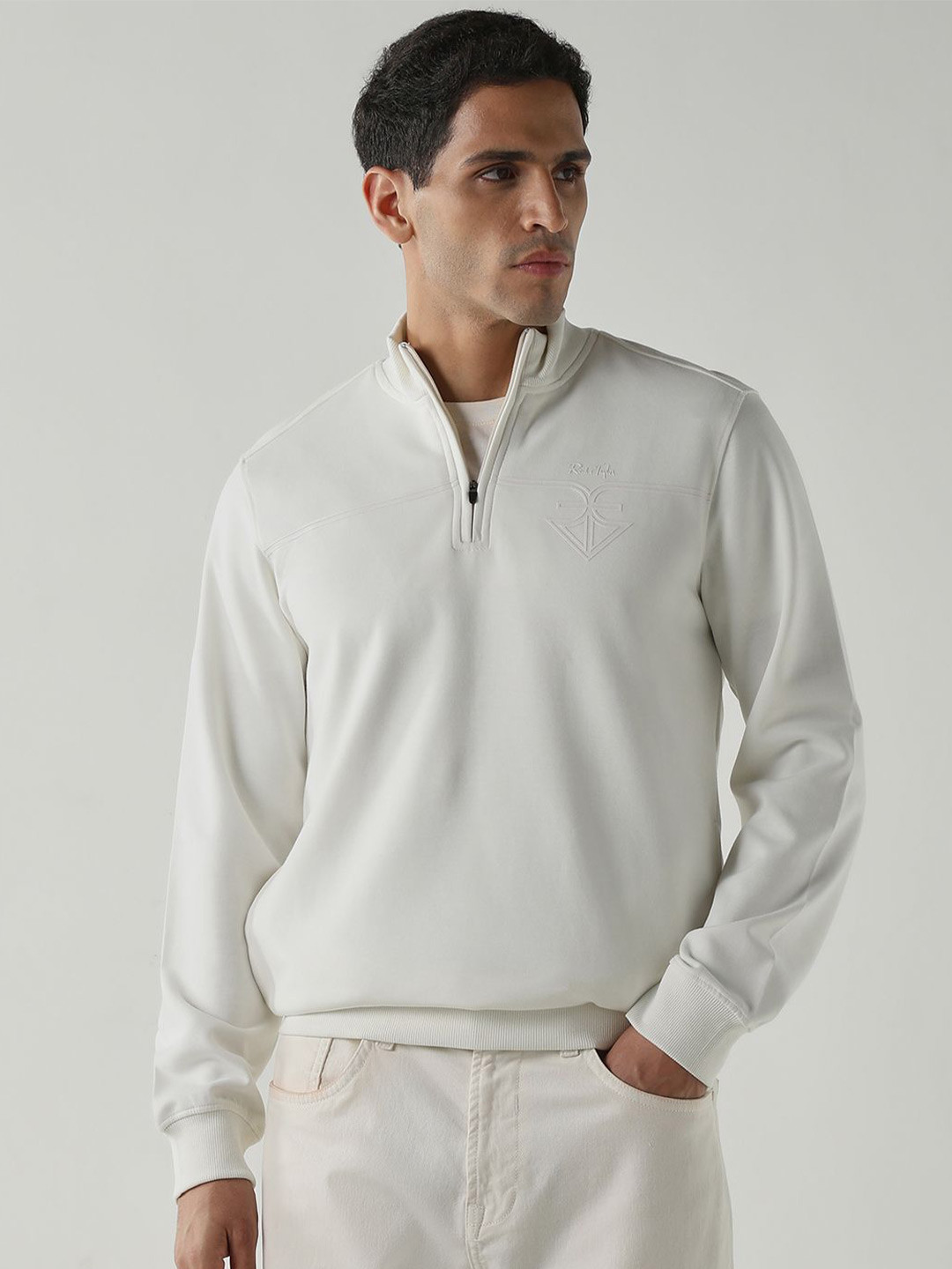 Reid & Taylor Round Neck Long Sleeves Half Zipper Cotton Pullover Sweatshirt