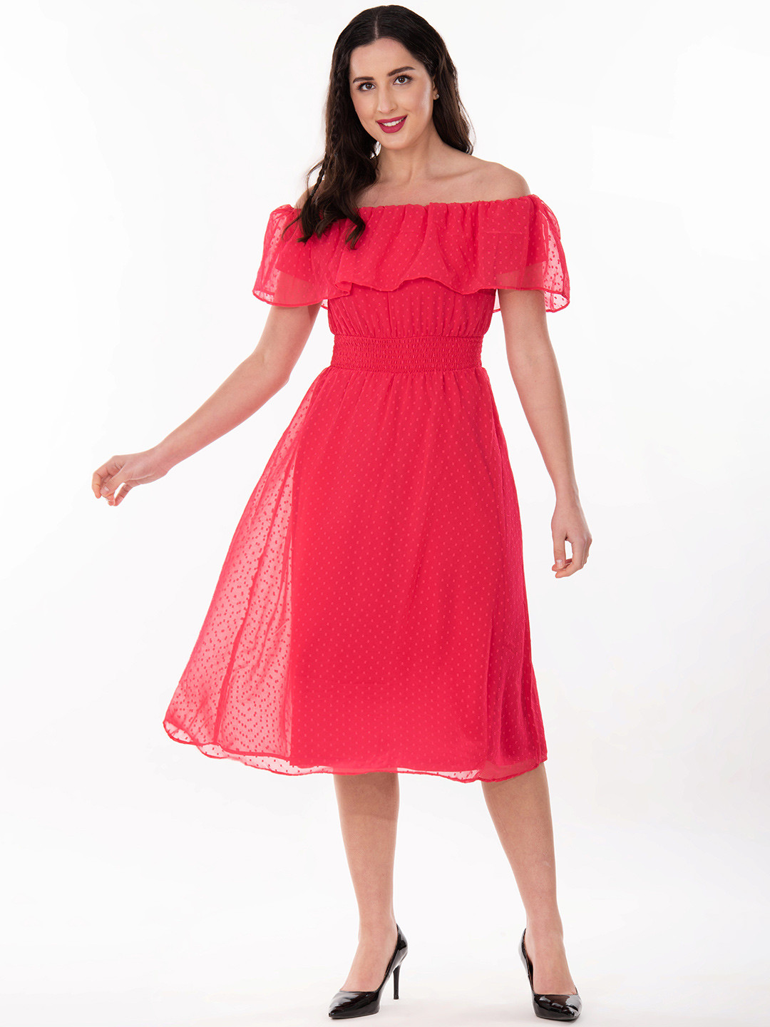 ND & R Women Off-Shoulder Flutter Sleeve Ruffled A-Line Midi Dress