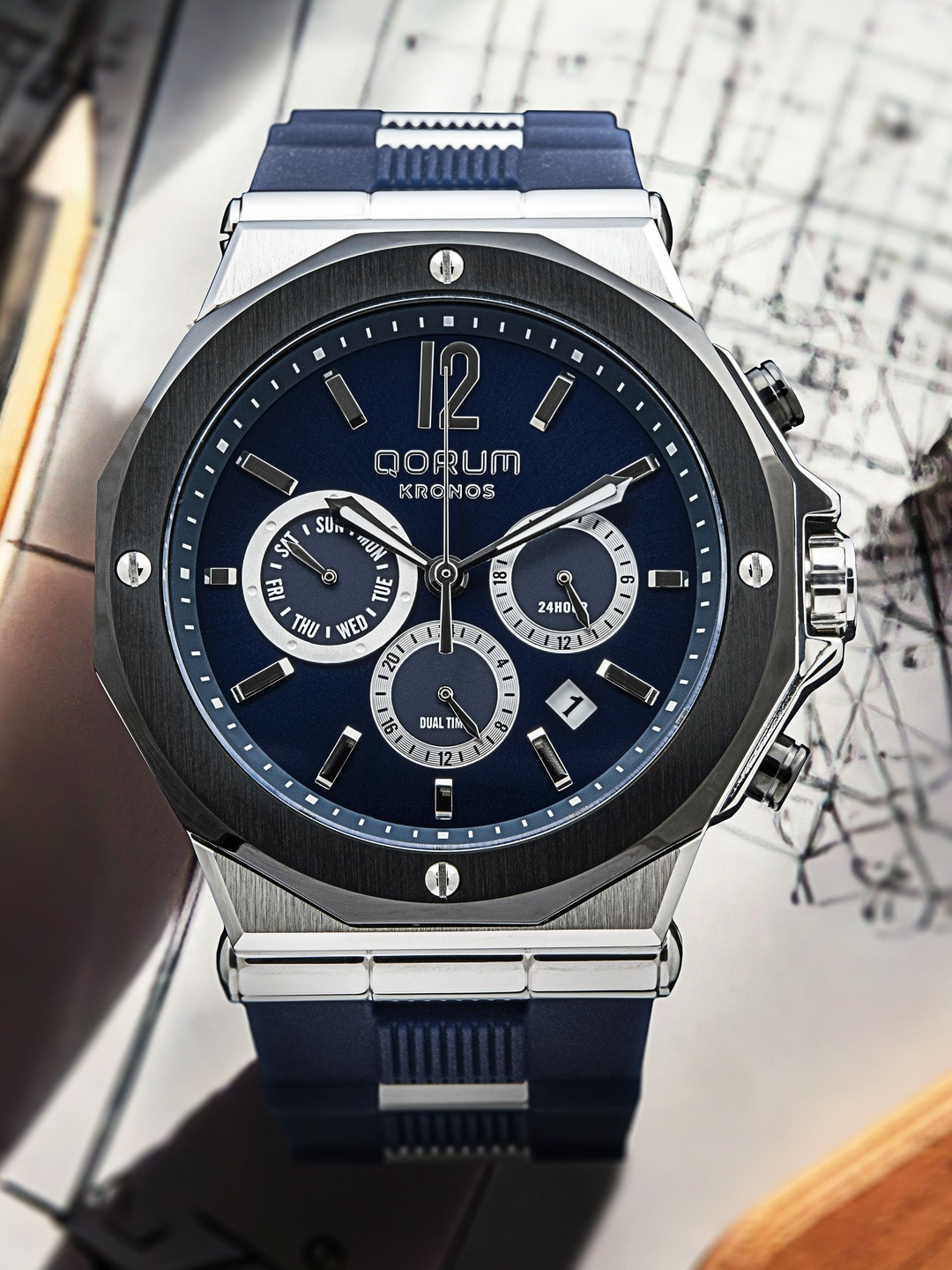 QORUM INDIA Men Bracelet Style Straps Analogue Chronograph Watch G131 Kronos-Blue Dial_N