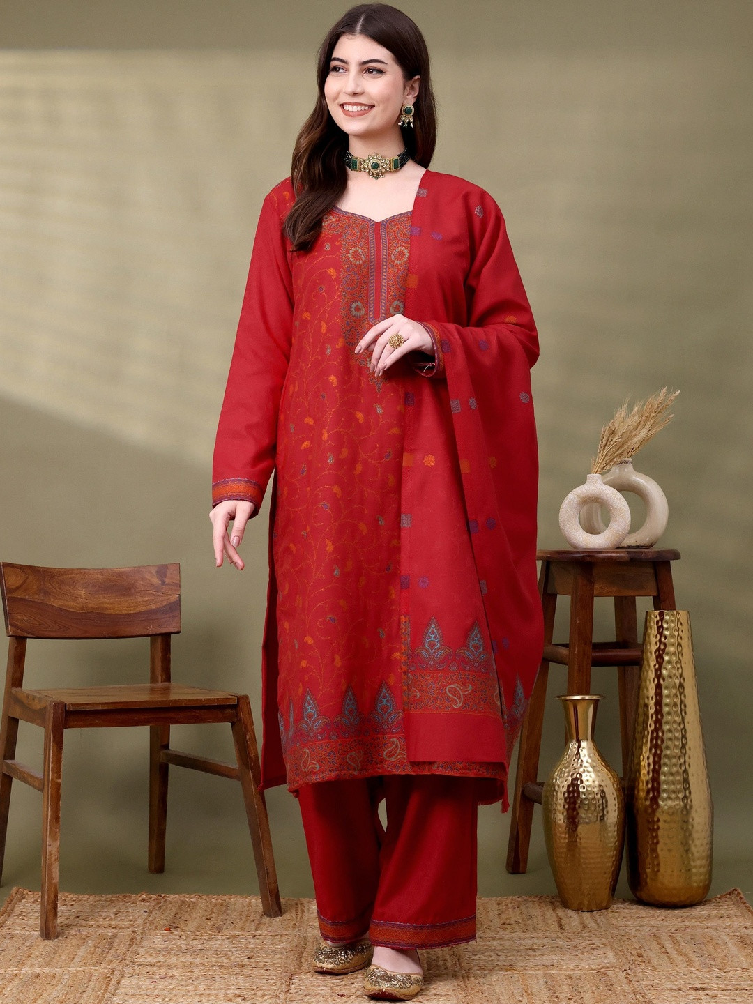 Hemkunt Fabric Ethnic Motifs Embroidered Pashmina Weaved Unstitched Dress Material