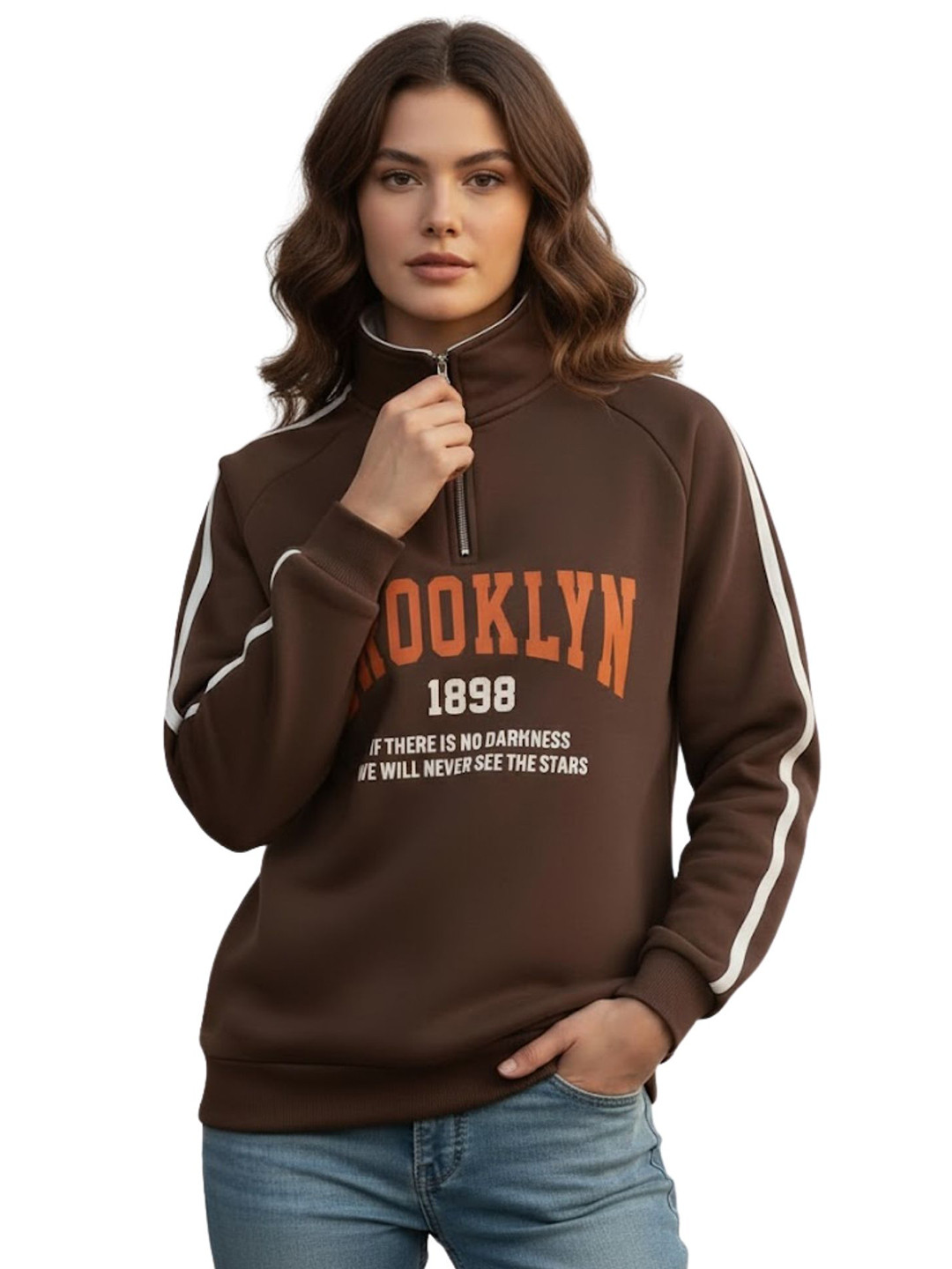 SHAIRA FASHION Women Printed Brooklyn Nets Mock Collar Half-Zip Fleece Pullover Sweatshirt