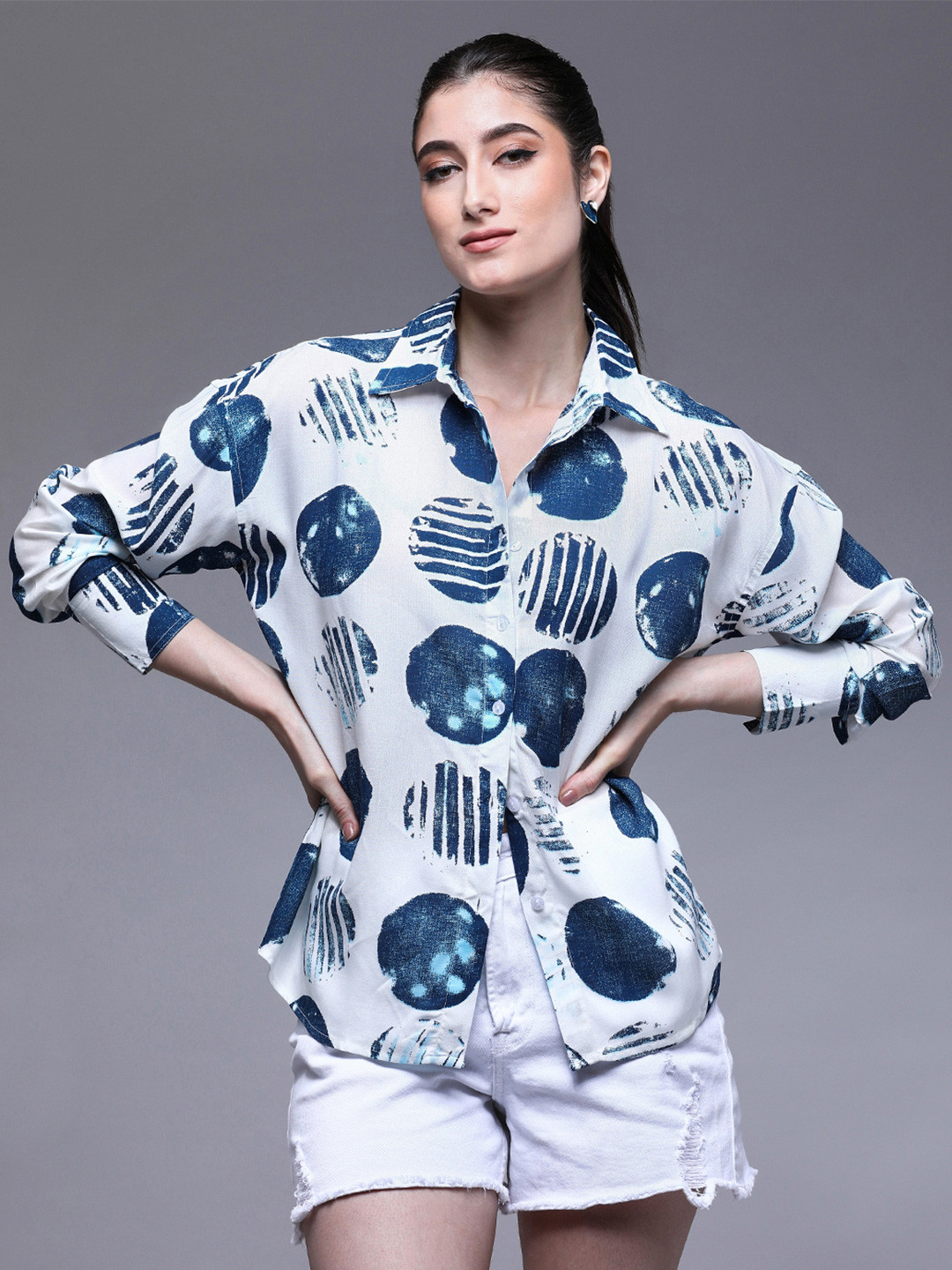 Paper Cut Oversized Spread Collar Polka Dot Printed Casual Shirt