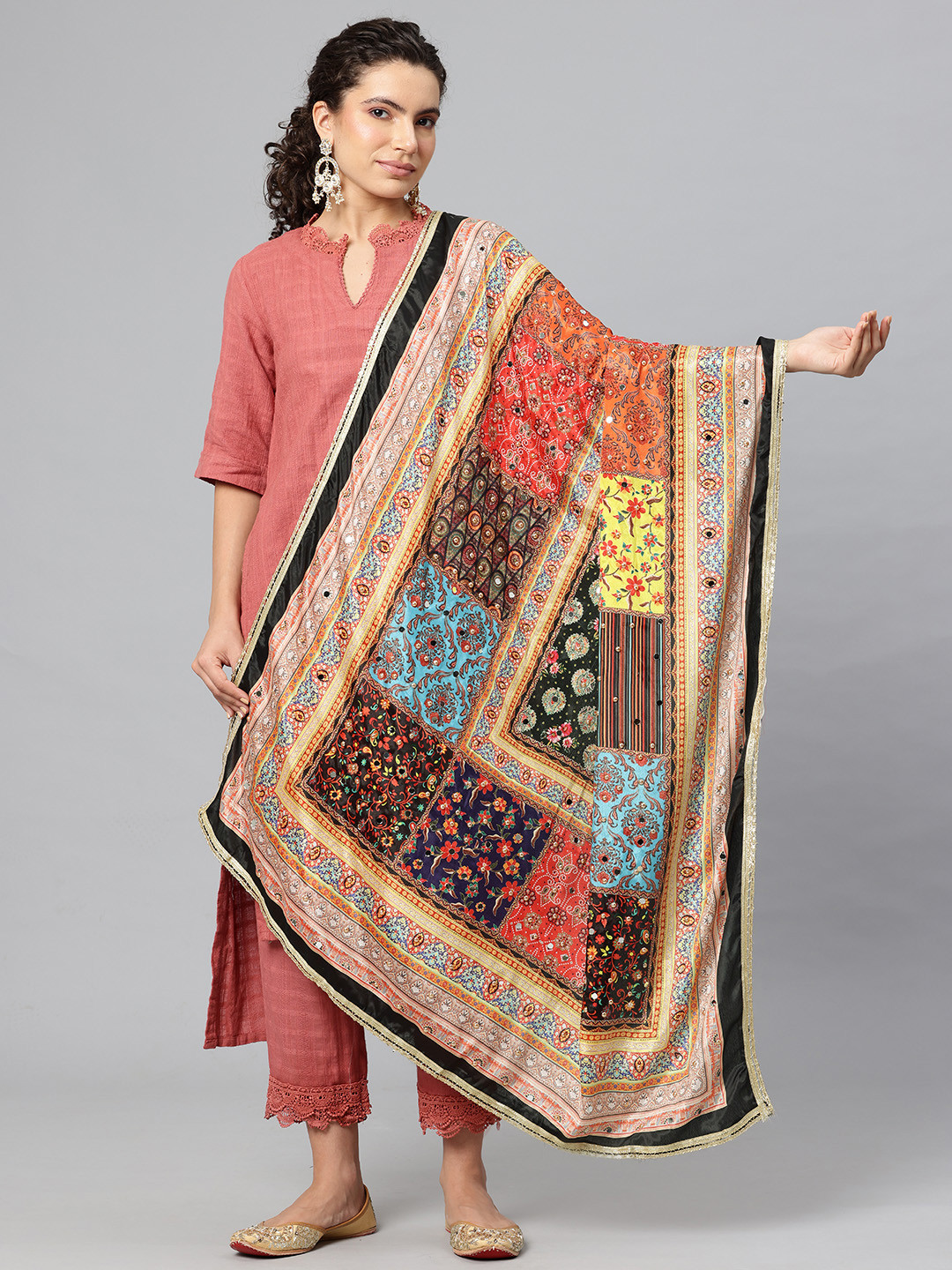 SWI Stylish Ethnic Motifs Printed Gotta Patti Party Dupatta with Mirror Work