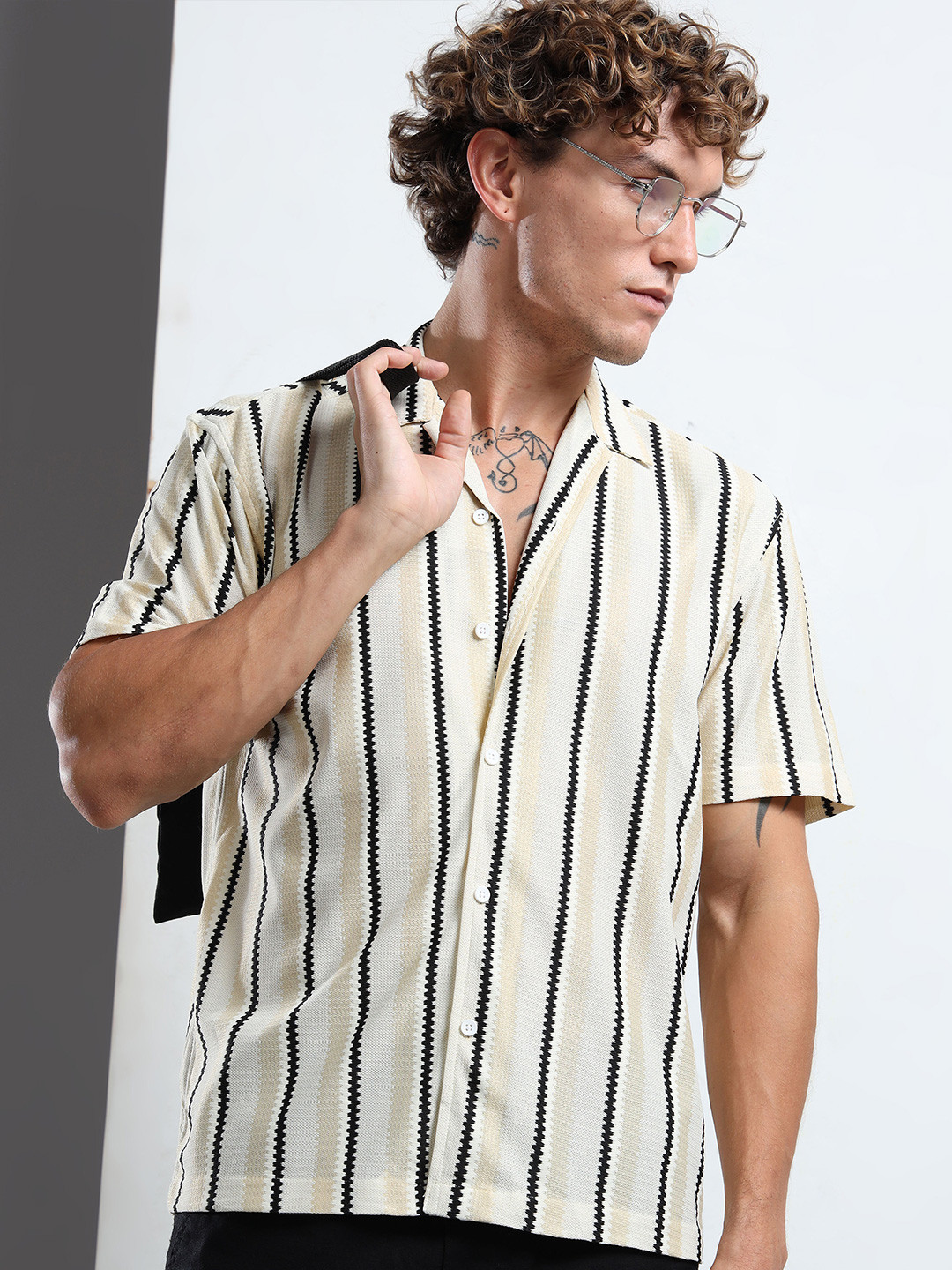 MOHICANS Men Vertical Striped Cuban Collar Boxy Fit Shirt