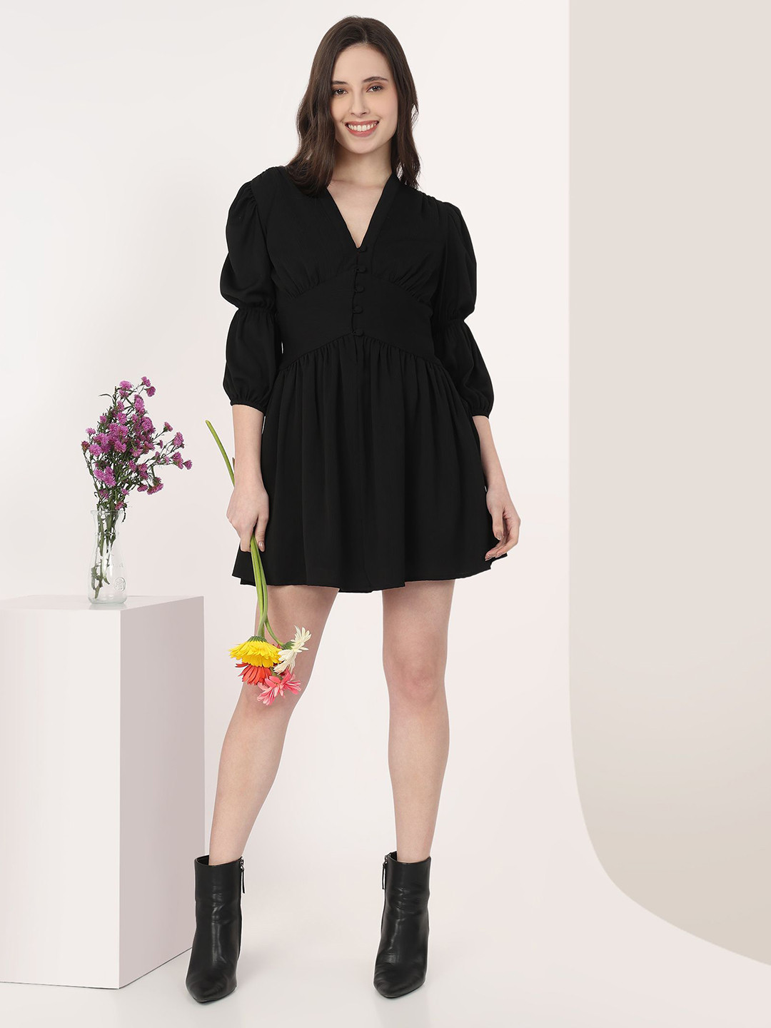 MISH X Self Design V-Neck Puff Sleeve Fit & Flare Mini Dress