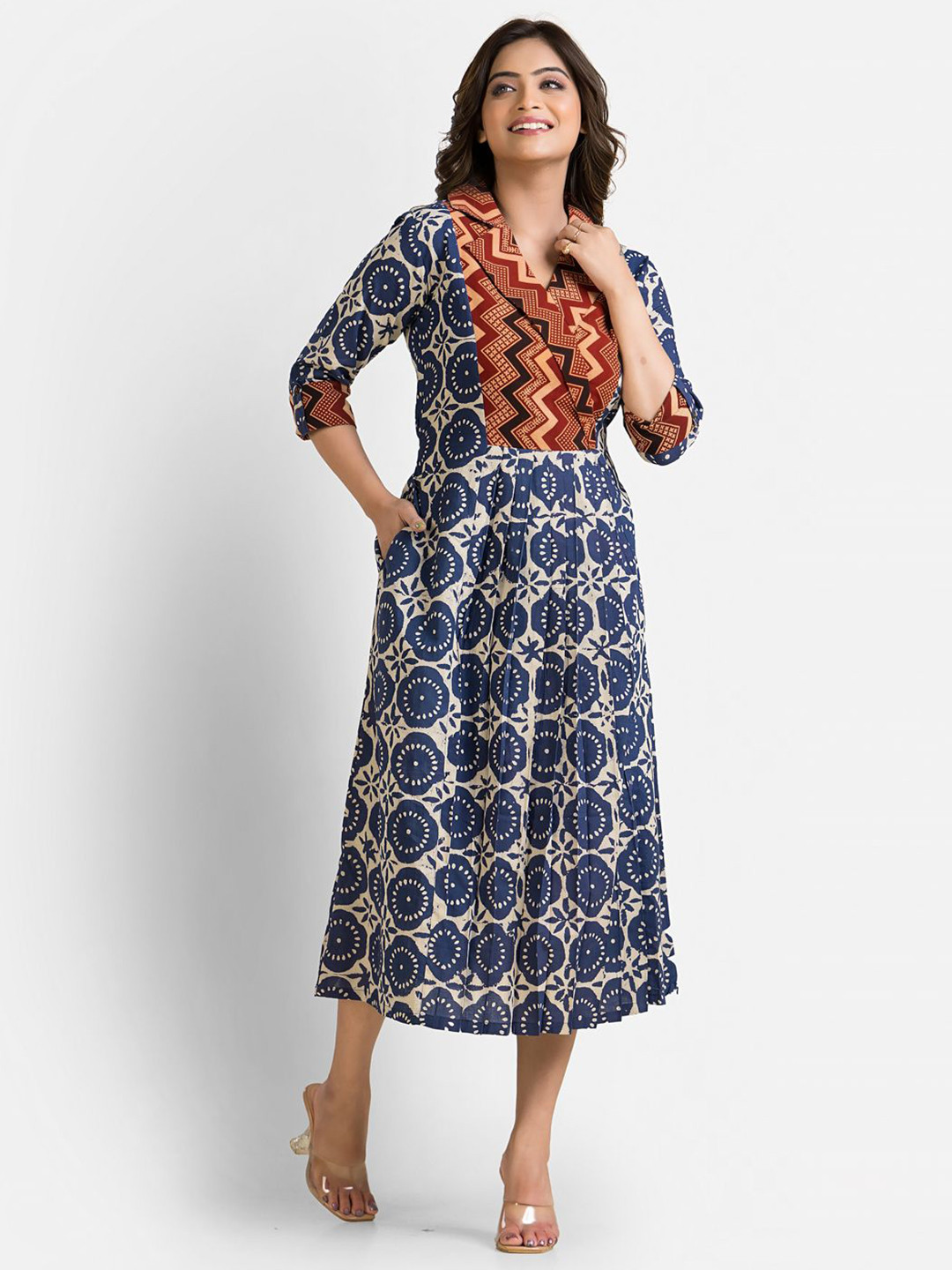 Crazy Needle Women Ethnic Motifs Printed Lapel Collar Cotton Fit & Flare Midi Dress