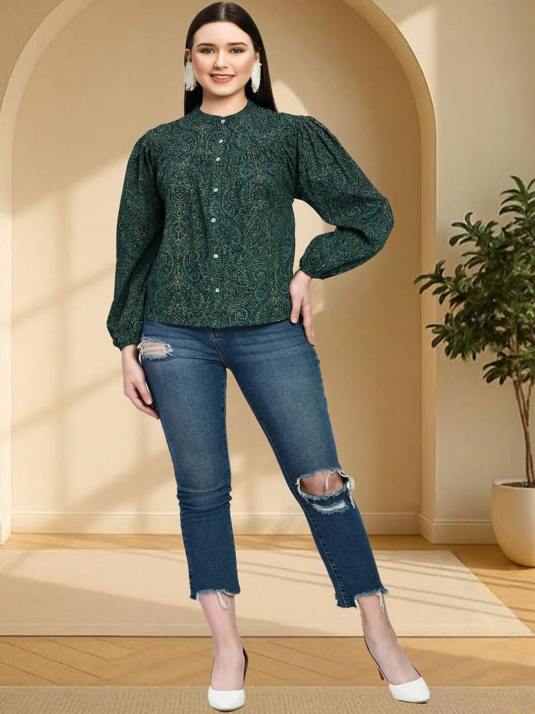 neel & ned Print Mandarin Collar Puff Sleeve Cotton Top