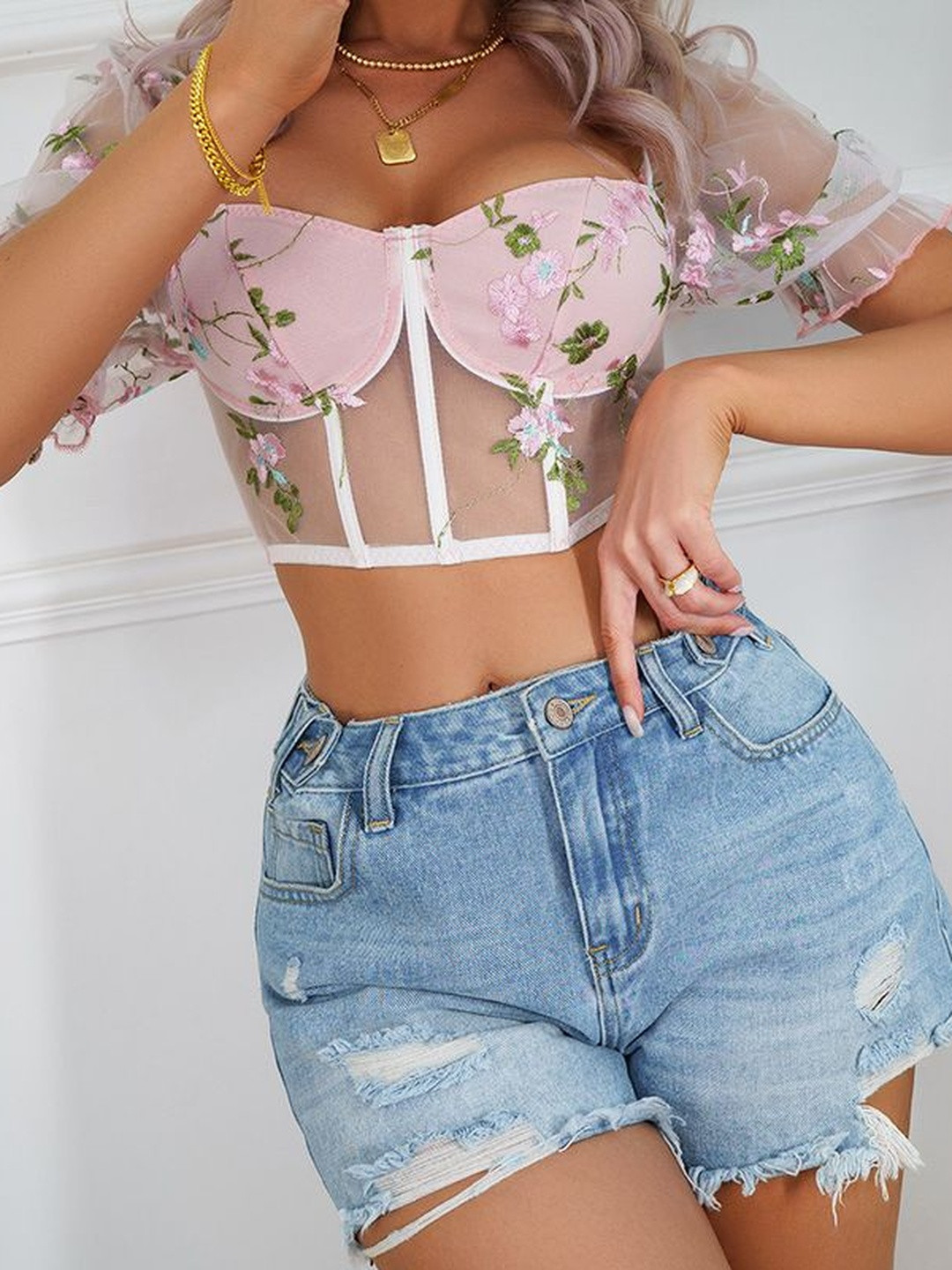 HERE&NOW Women Floral Embroidered Puff Sleeve Corset Crop Top