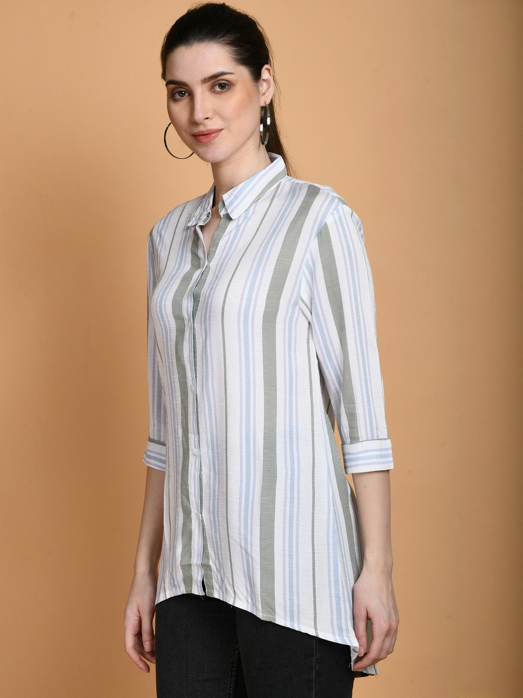 neel & ned Striped Shirt Collar Pure Cotton Top