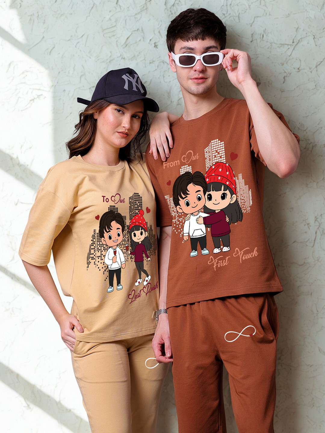 Lazy Lush Pack Of 2 First to Last Crush Printed Round Neck T-Shirt With Joggers Co-Ords