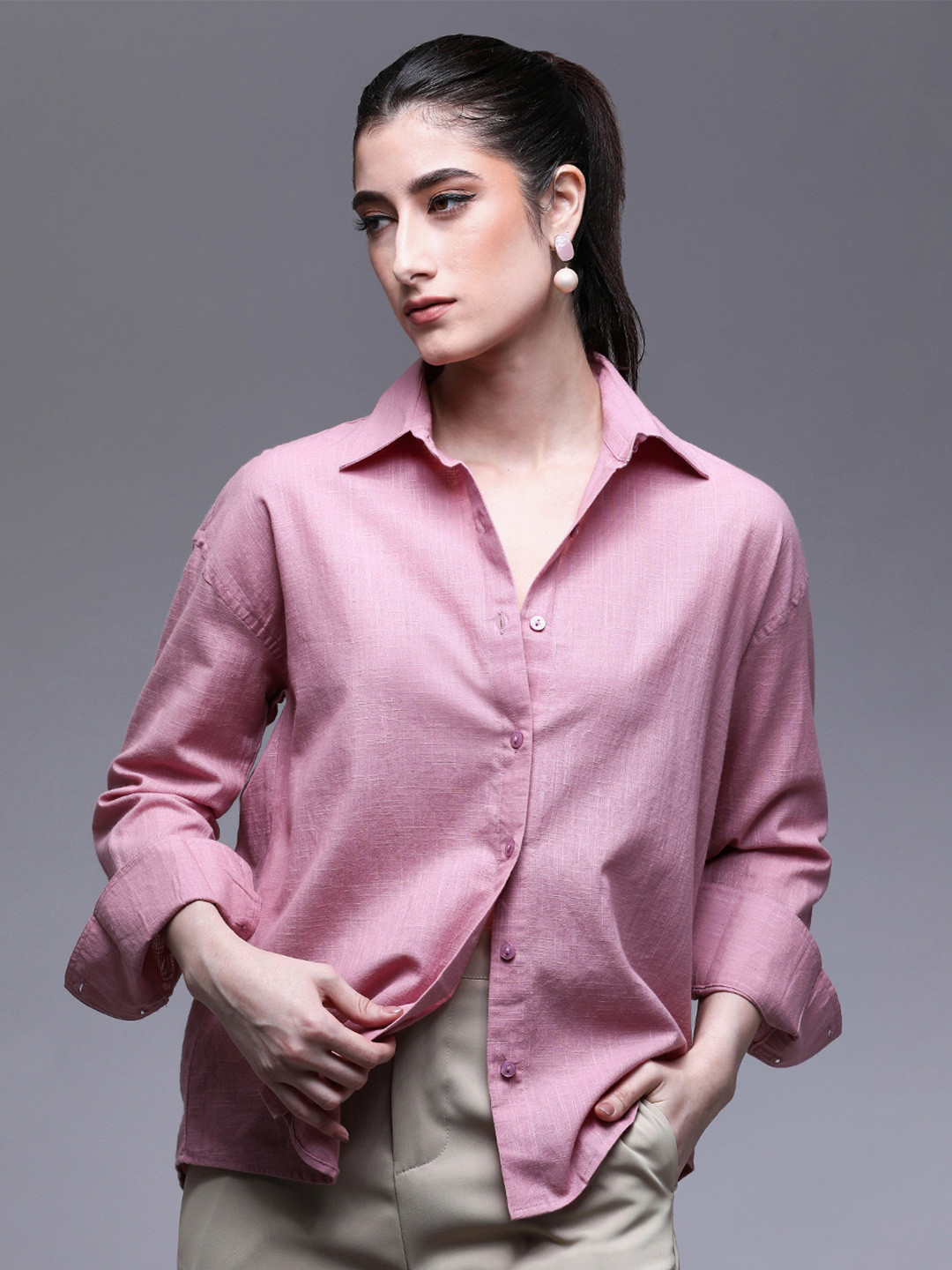 Paper Cut Oversized Cotton Spread Collar Solid Casual Shirt