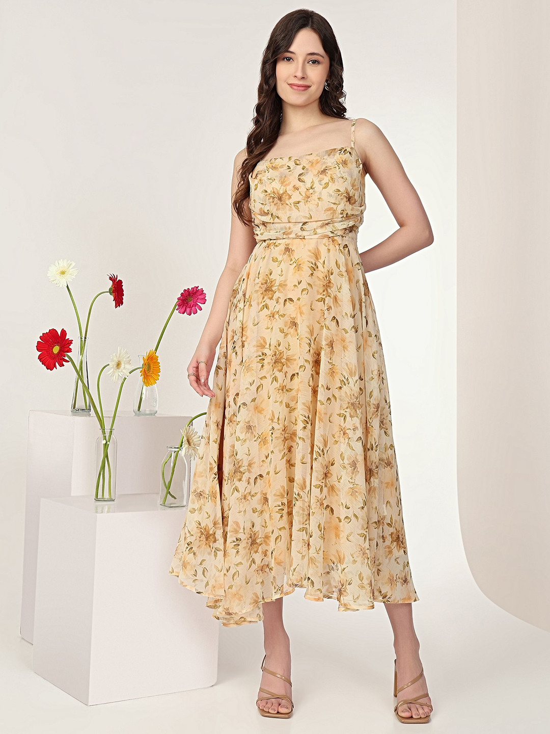 MISH X Chiffon Floral Printed Shoulder Straps Sleeveless Fit & Flare A-Line Midi Dress