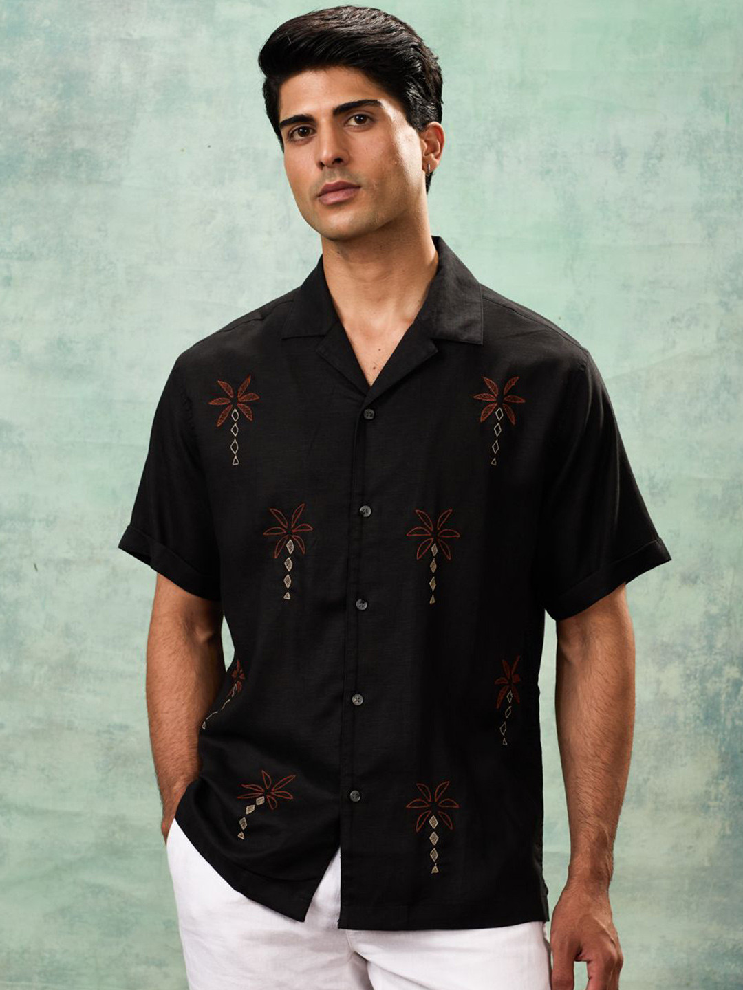 MH&Y Men Comfort Relaxed Fit Floral Printed Cuban Collar Casual Shirt