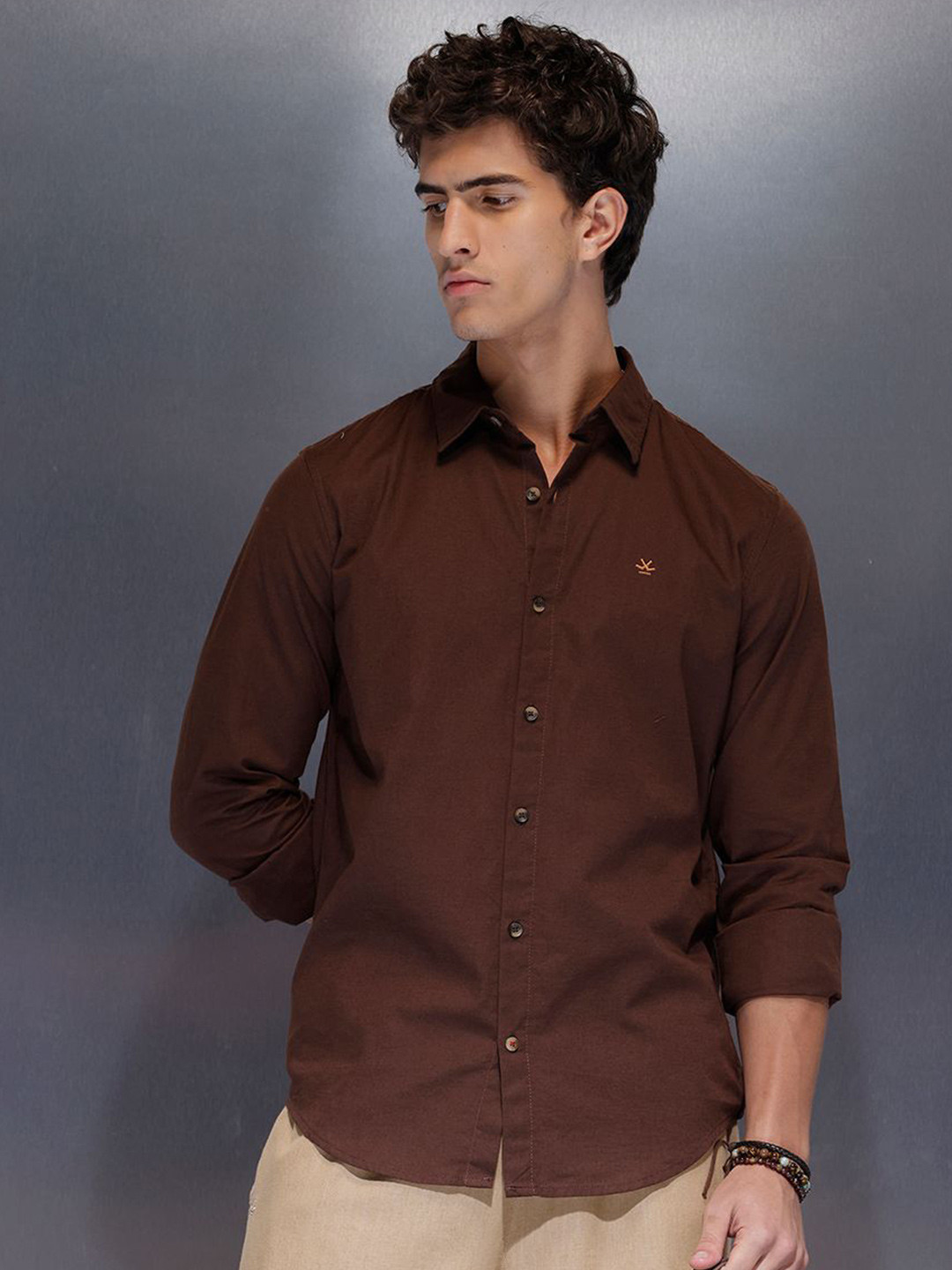 WROGN Men Slim Fit Solid Spread Collar Cotton Casual Shirt