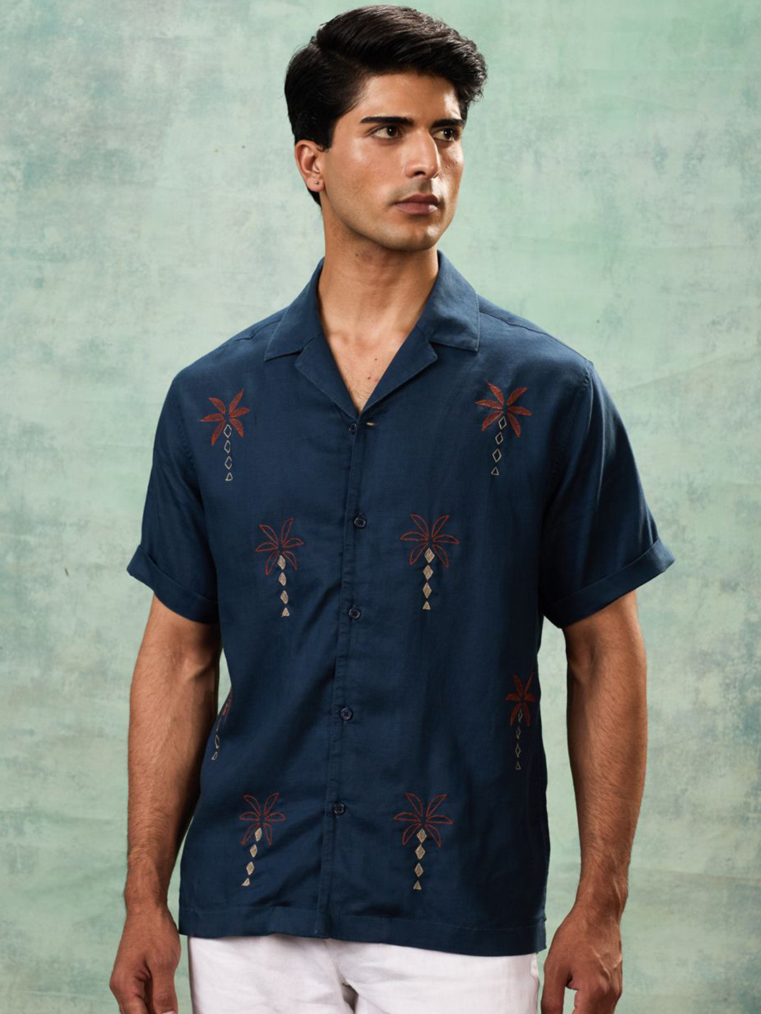 MH&Y Comfort Tropical Embroidered Relaxed Fit Tencel Hemp Casual Shirt