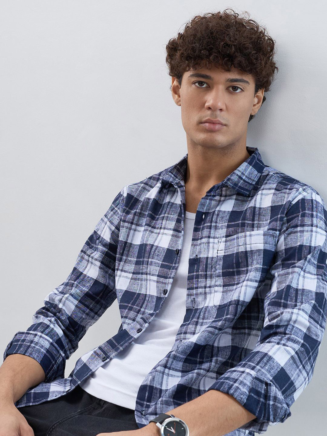 HERE&NOW Men Buffalo Checked Spread Collar Casual Shirt