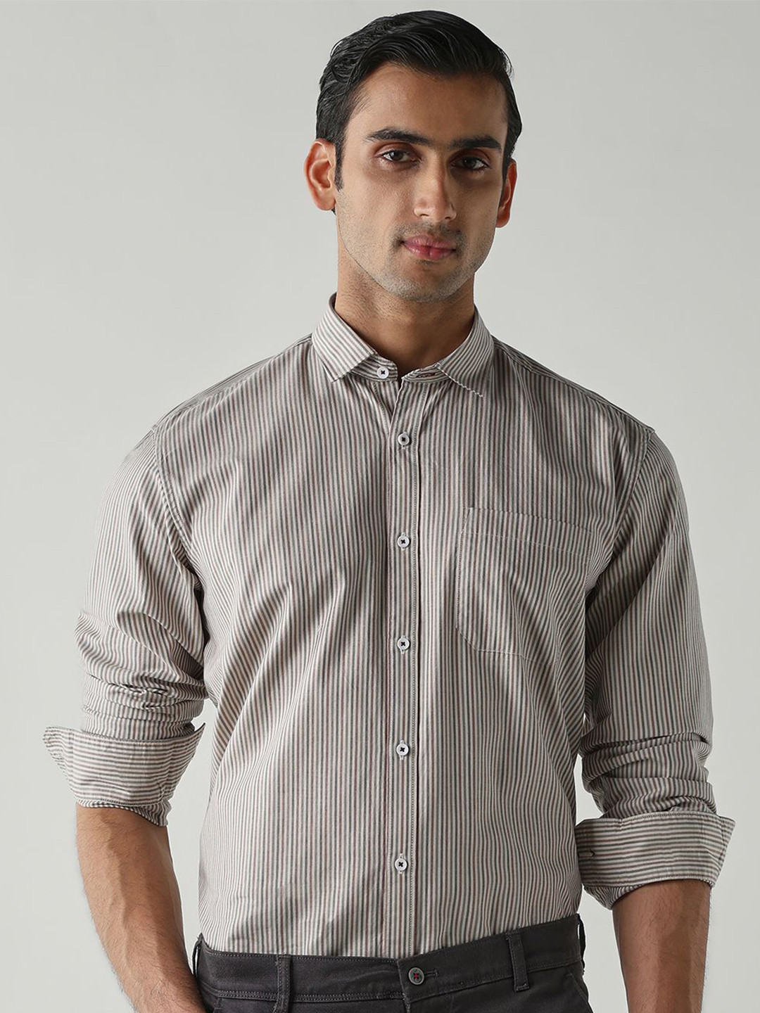 Reid & Taylor Comfort Fit Pinstriped Spread Collar Pure Cotton Formal Shirt