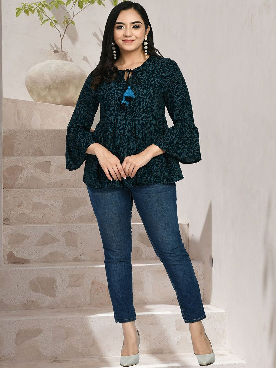 neel & ned Print Bell Sleeve Cotton Peplum Top