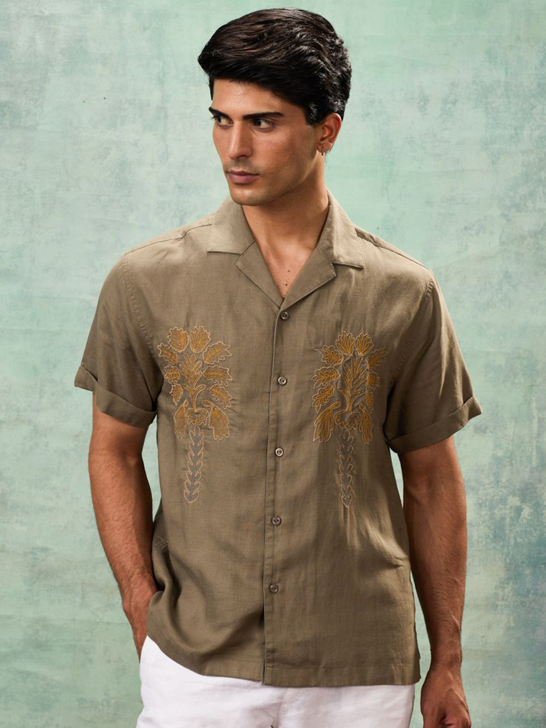 MH&Y Comfort Tropical Embroidered Relaxed Fit Tencel Hemp Casual Shirt