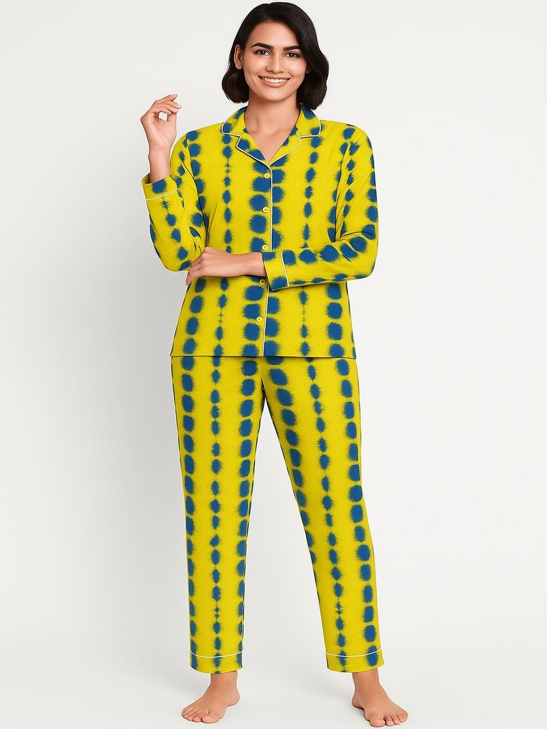GAB Women Tie and Dye Printed Lapel Collar Shirt With Pyajamas