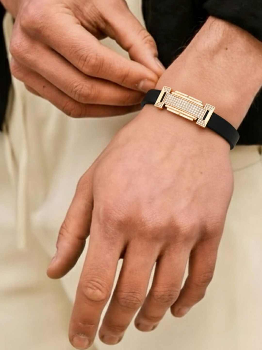 RKB Sales Men Gold-Plated American Diamond Rubber Bracelet