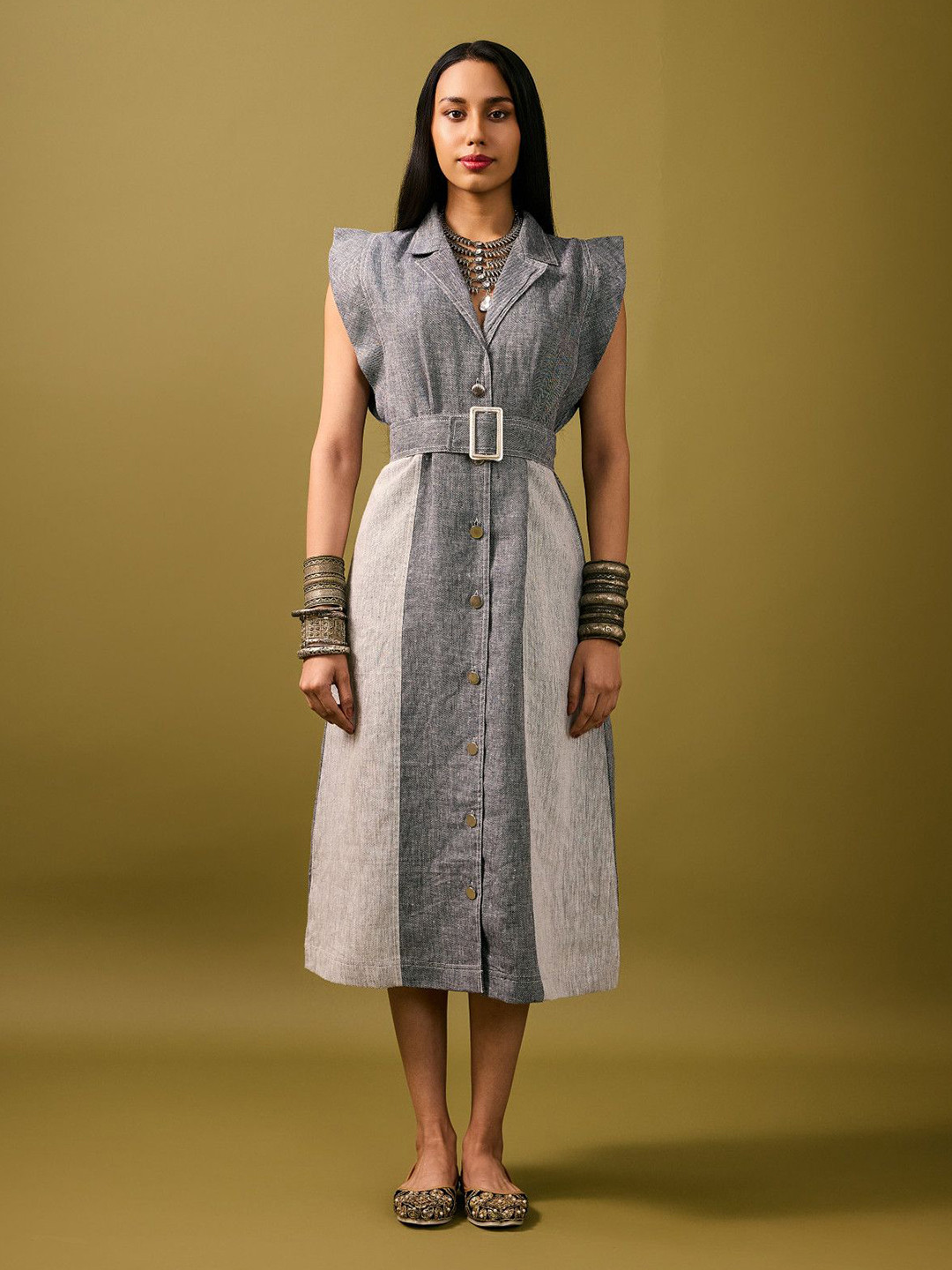 dhaaga Women Diya Colourblocked Linen A-Line Midi Dress