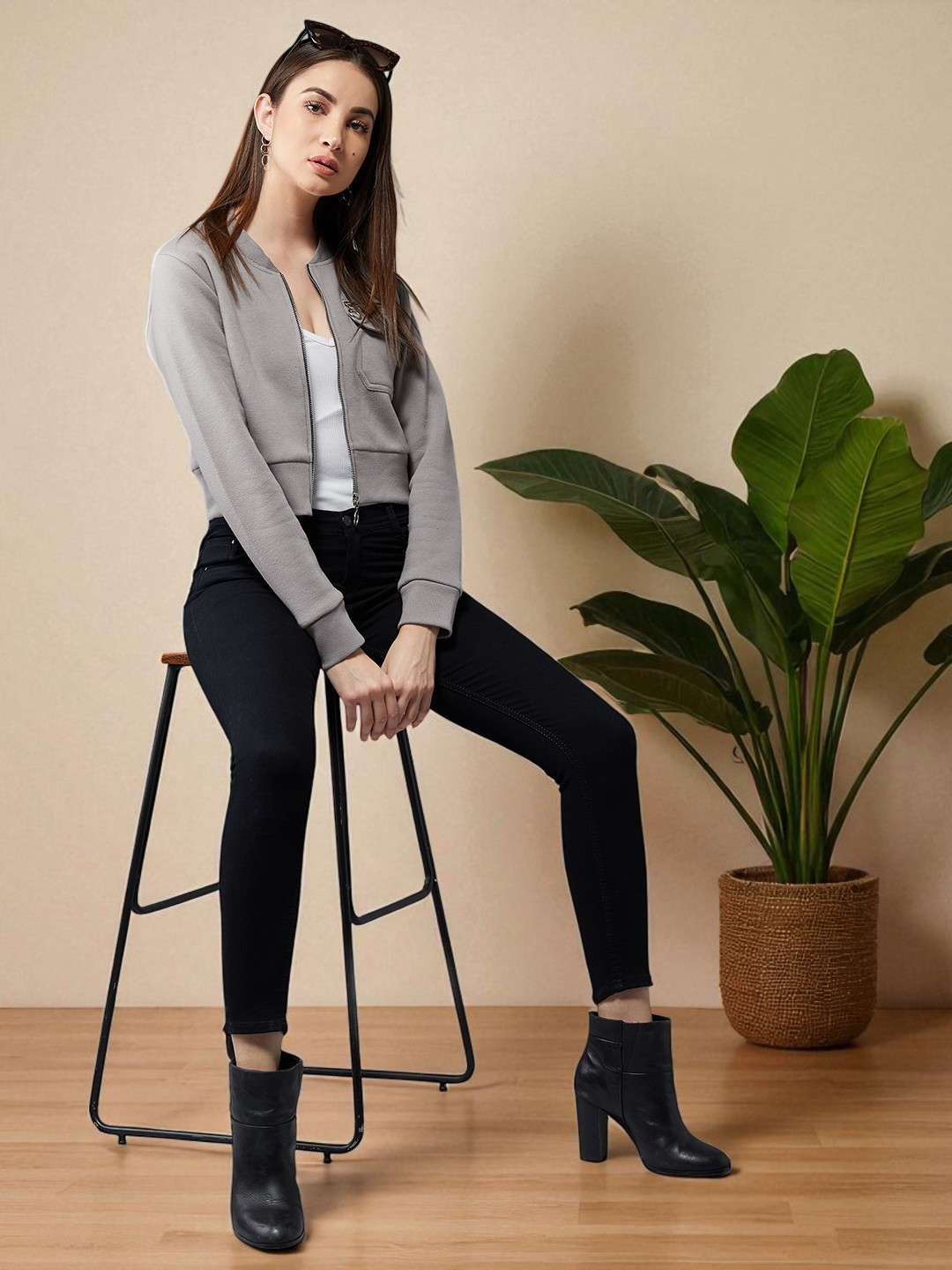 Mast & Harbour Women Stand Collar Full Sleeves Cotton Boxy Bomber Cropped Jacket