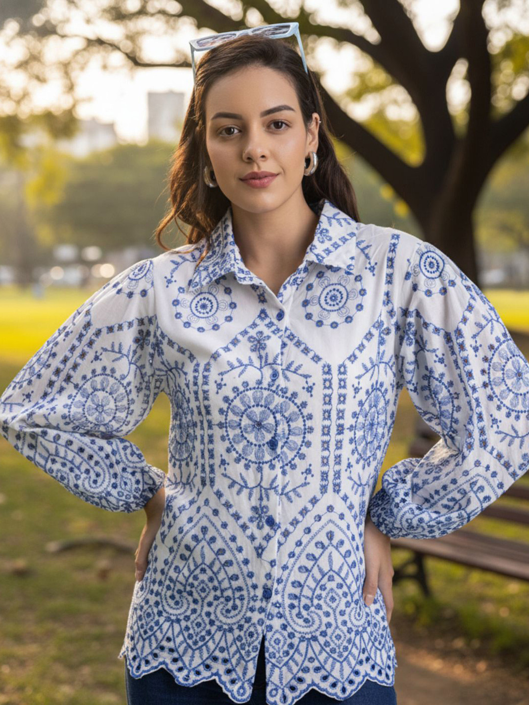 Lounge Dreams Women Premium Floral Semi Sheer Schiffli Embroidery Cotton Shirt