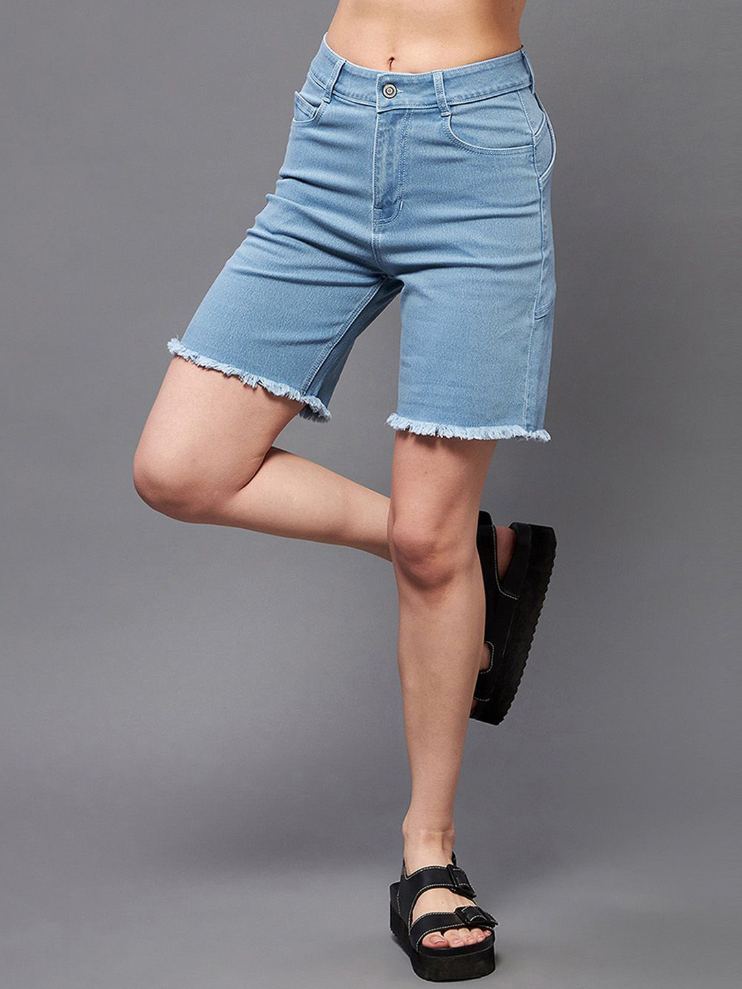Miss Chase Crane Hollow Women Regular Fit Solid Mid-Rise Frayed Denim Shorts