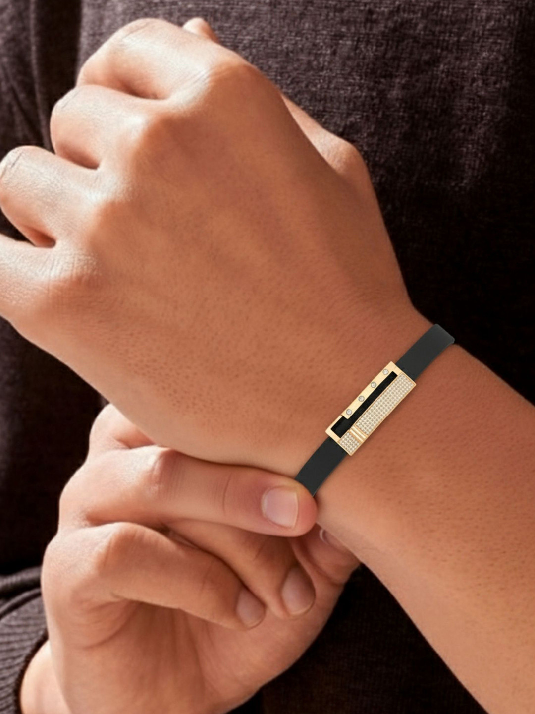 RKB Sales Men Gold-Plated American Diamond Rubber Bracelet