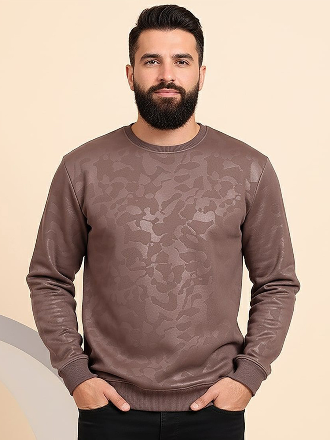 Mast & Harbour Men Textured Round Neck Full Sleeves Pullover Camouflage Pattern Sweatshirt