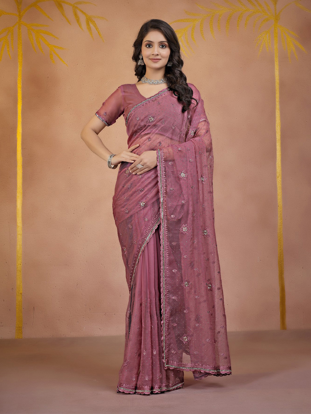 LDF studio Embellished Sequinned Poly Georgette Heavy Work Saree