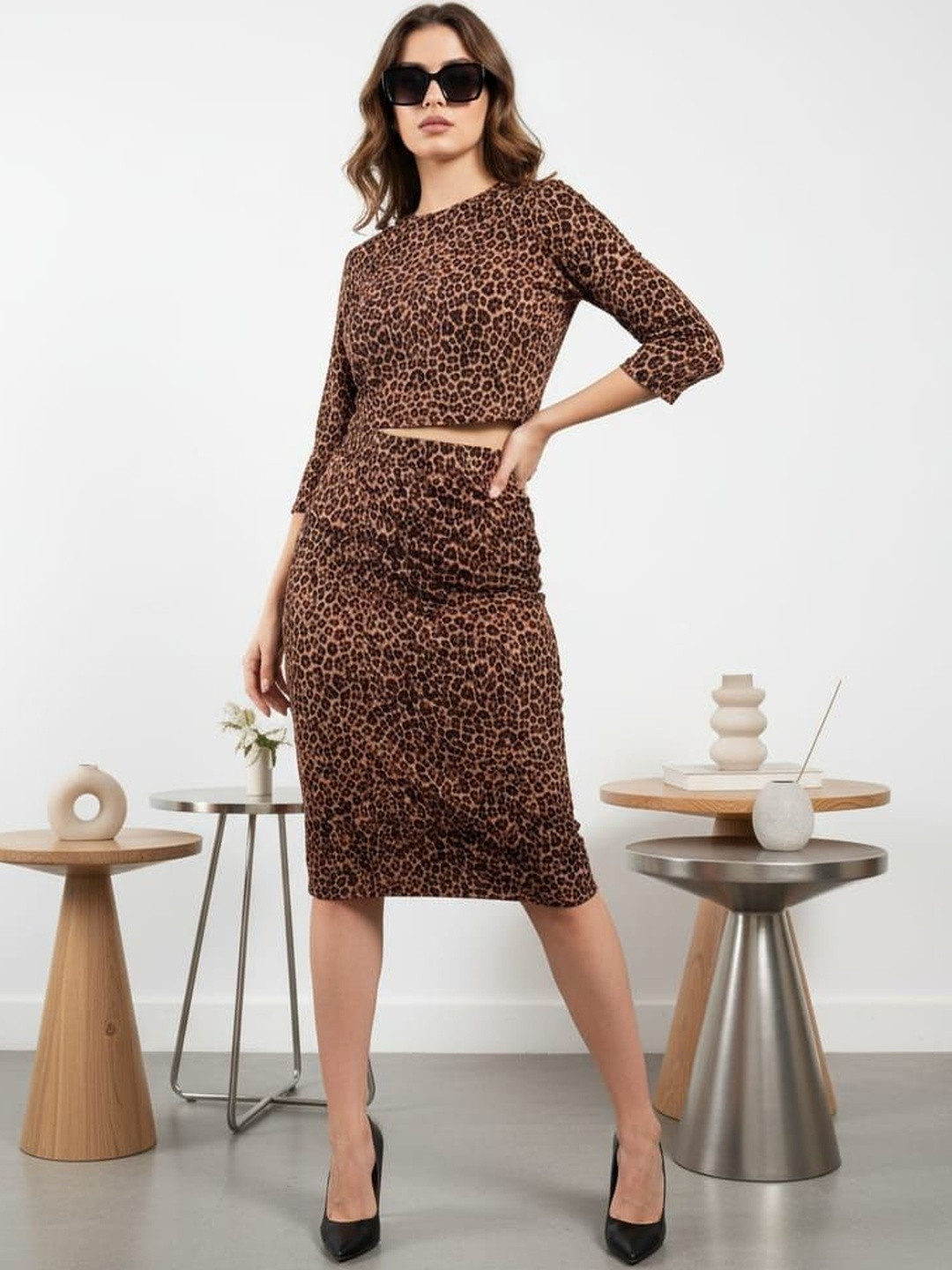 HIGH BUY Leopard Printed Three-Quarter Sleeves Top With Skirt