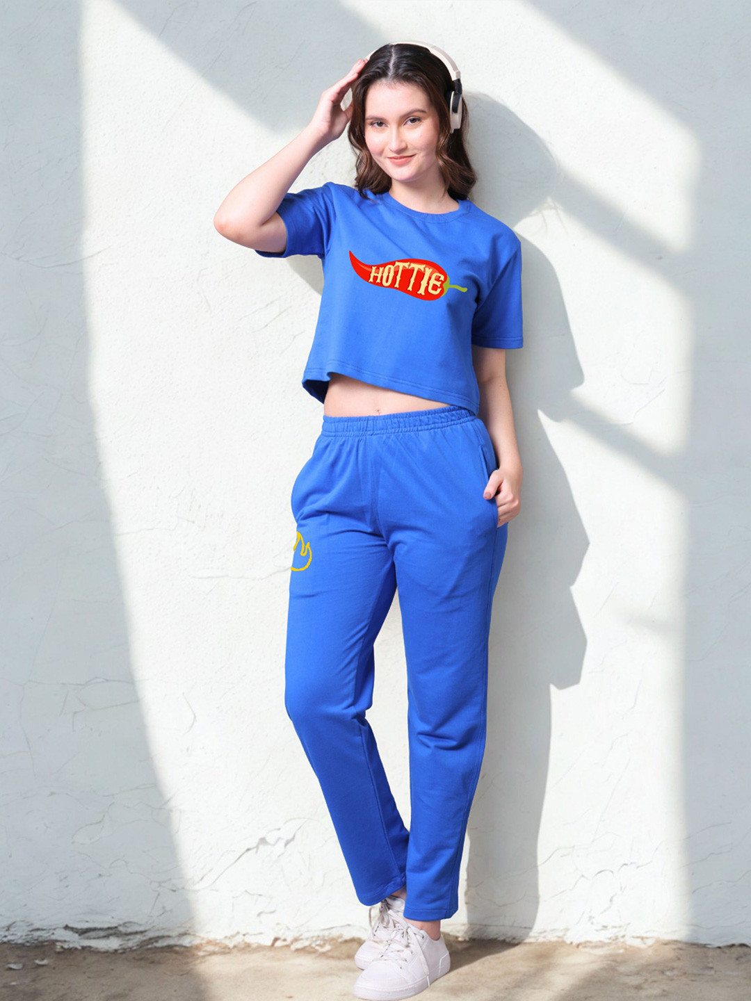 Lazy Lush Blue Printed Round Neck Crop Top With Trousers Co-Ords