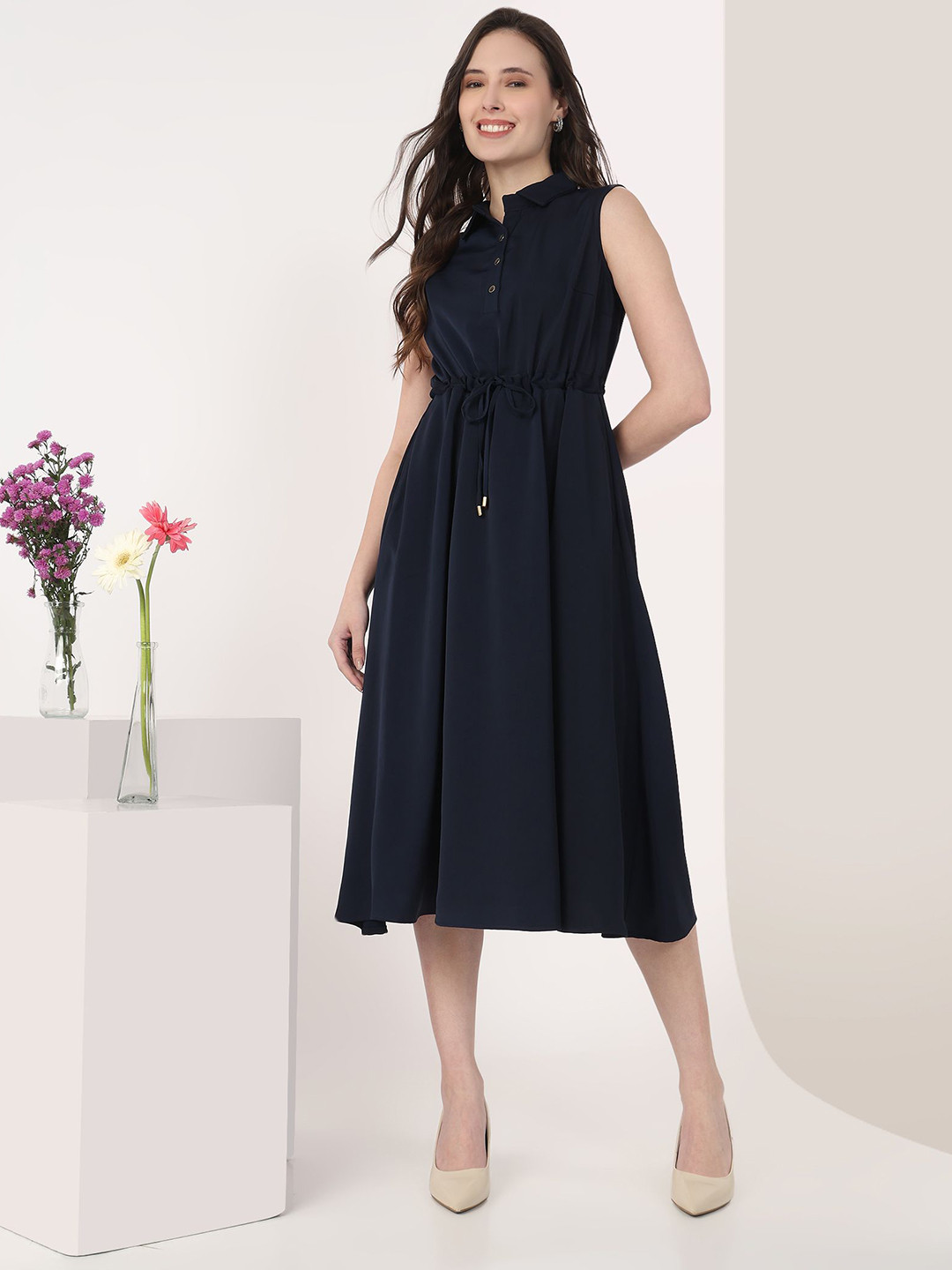 MISH X Shirt Collar Sleeveless Fit & Flare Midi Dress