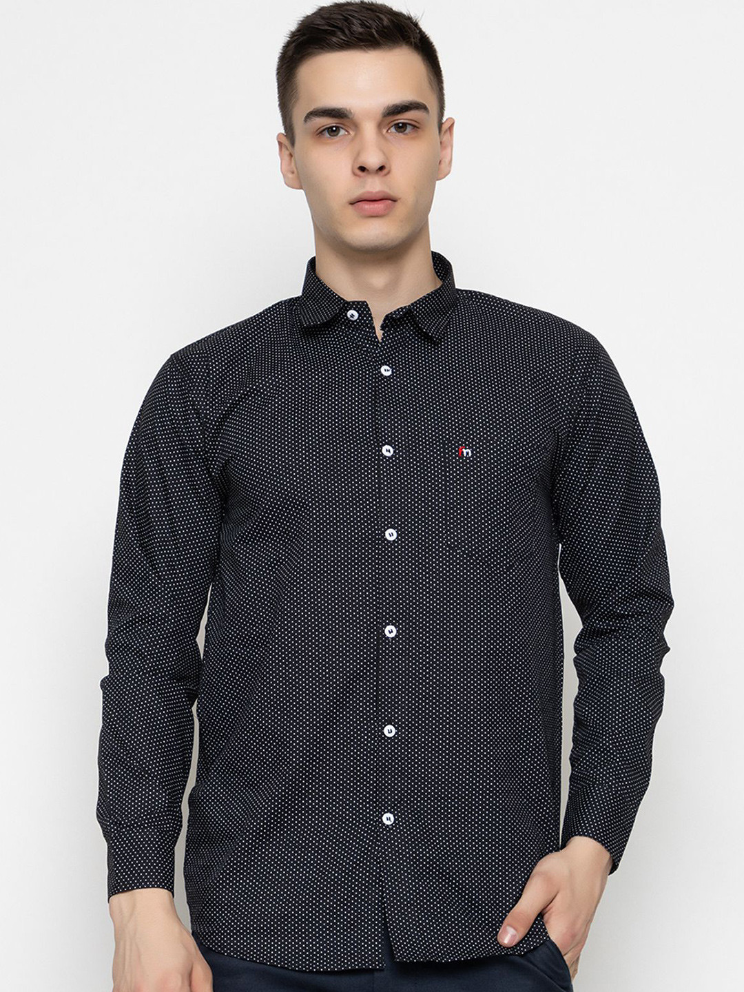 Navy Blue Polka Dots Casual Shirt with Spread Collar