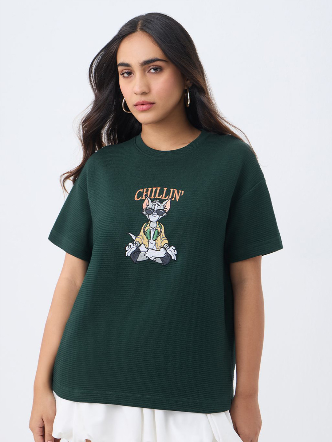 The Souled Store Tom Chillin Textured Drop-Shoulder Sleeves Oversized Fit T-shirt