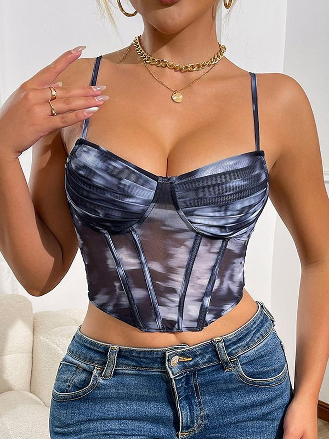 HERE&NOW Women Tie and Dye Sweetheart Neck Corset Crop Top