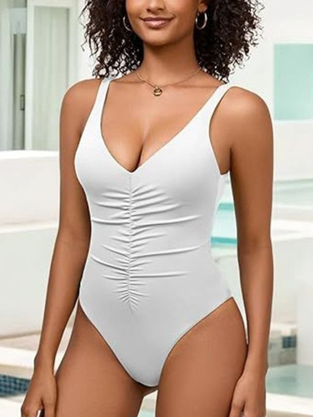Bananhot Women Solid One-Piece Swimsuit with Front Ruched Detailing