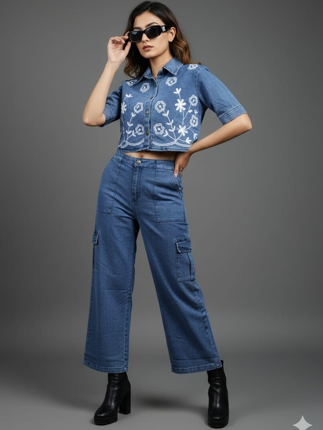 HIGH BUY Floral Printed Denim Cropped Shirt Collar Shirt With Trouser