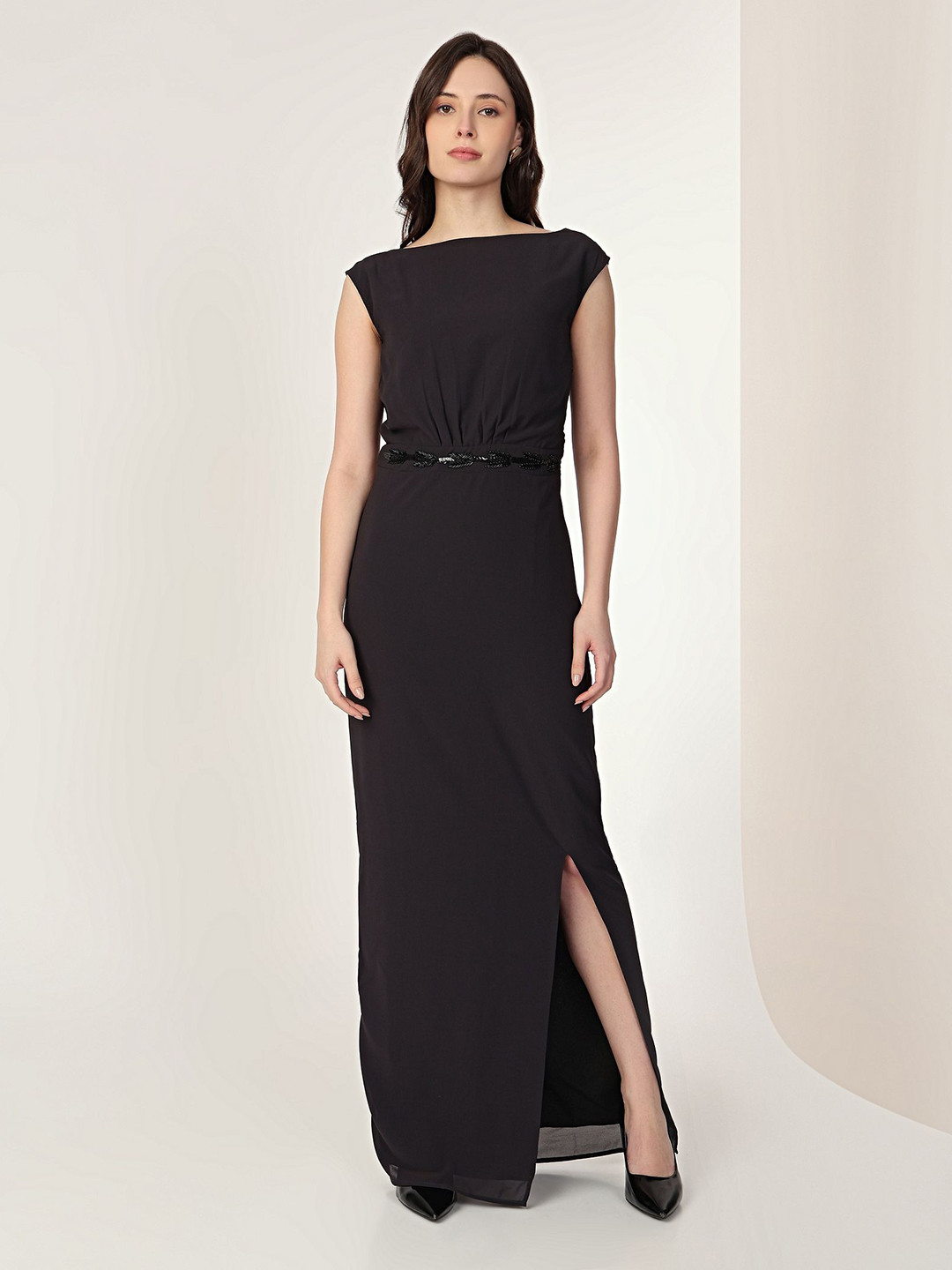 MISH X Boat Neck Embellished Sheath Maxi Dress