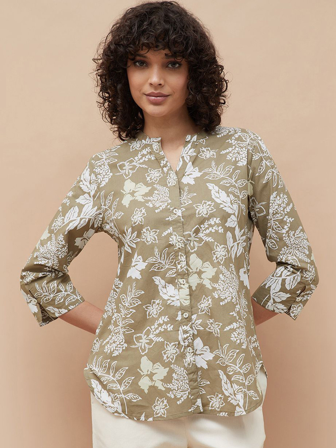 Colour Me by Melange Women Mandarin Collar Pure Cotton Regular Fit Casual Shirts