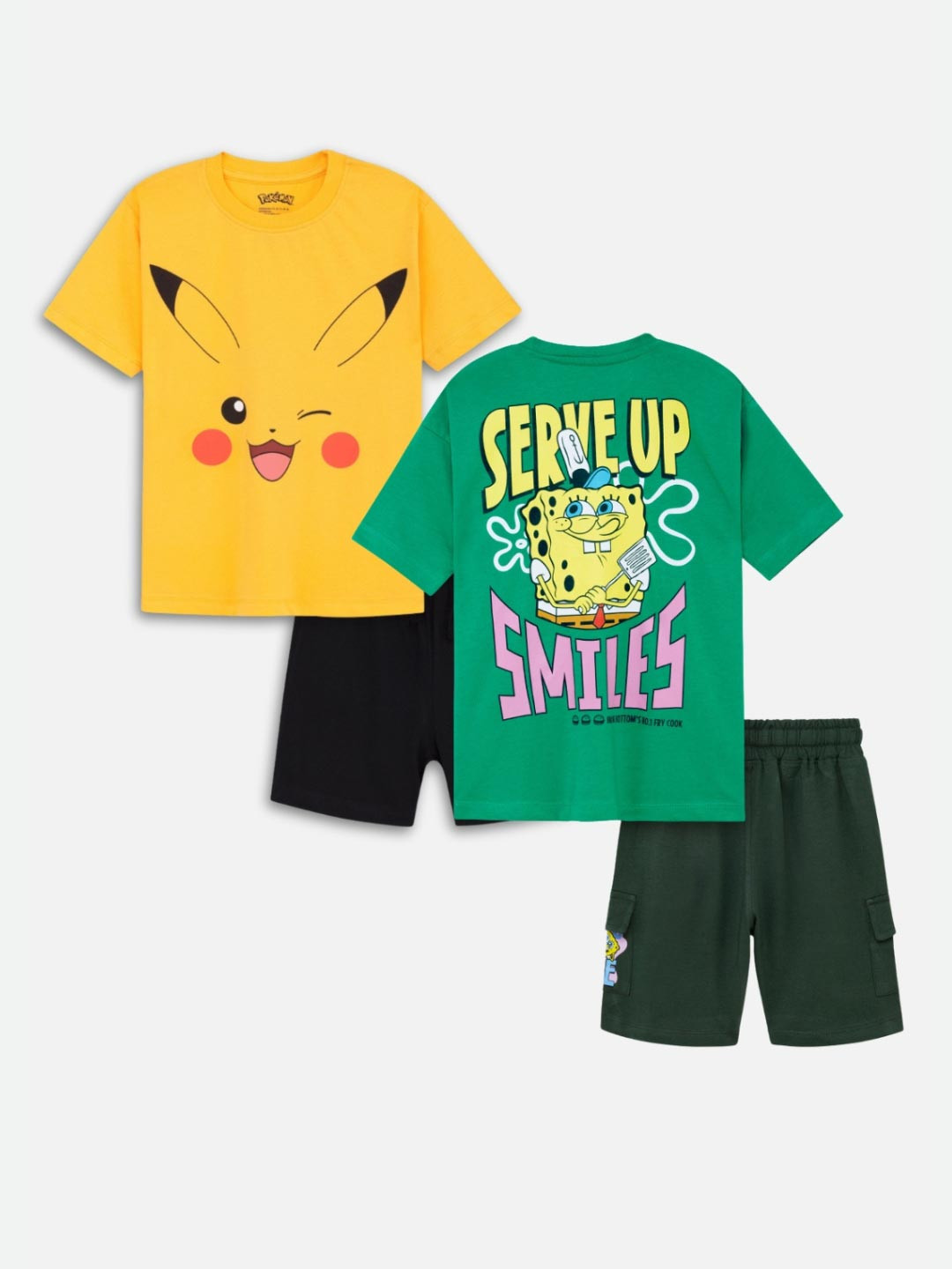 Nap Chief Kids Pack Of 2 Pikachu and SpongeBob Printed Pure Cotton T-shirt With Shorts