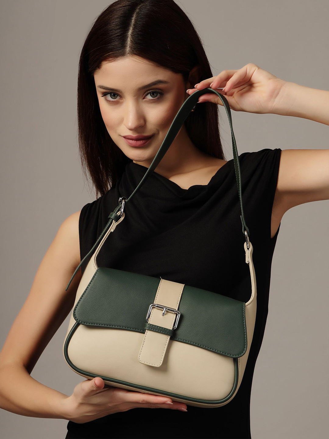 French Connection Women Colourblocked Baguette Buckle Detail Shoulder Bag
