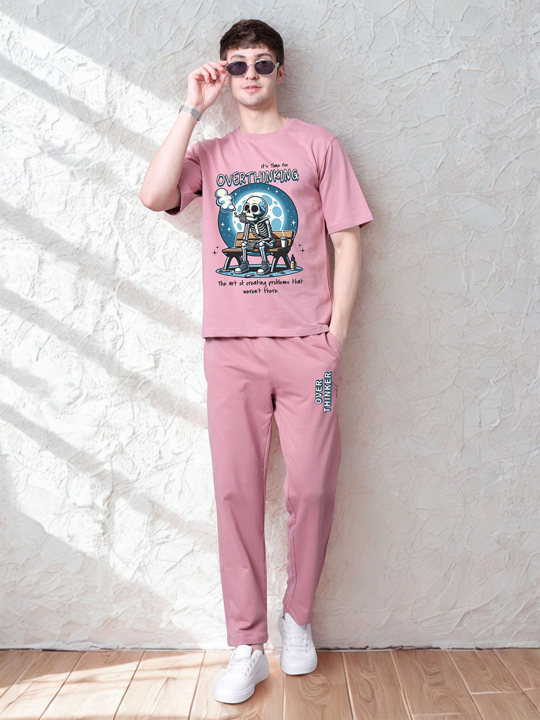 Lazy Lush Overthinker Printed Round Neck Pure Cotton T-Shirt With Joggers Co-Ords