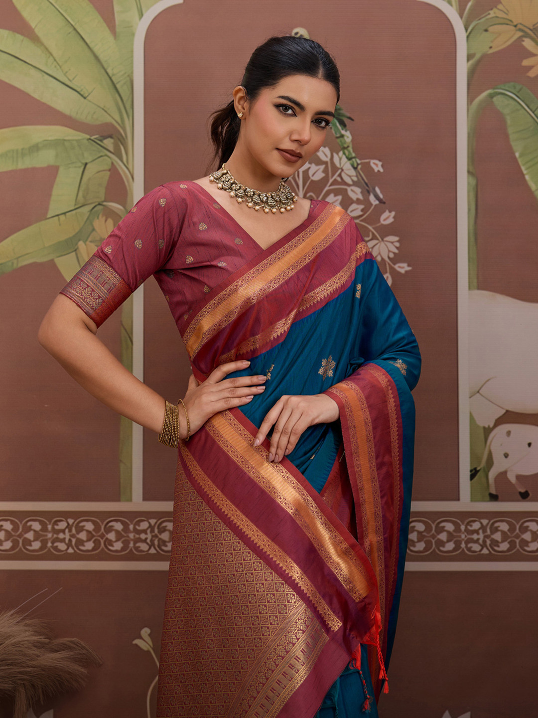 Saree mall Ethnic Motifs Embroidered Kanjeevaram Saree With Blouse Piece