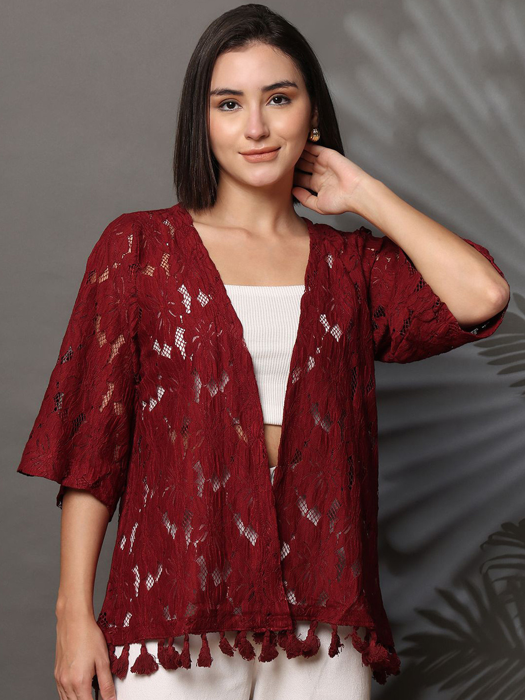 UnaOne Self Design Embroidered Pure Cotton Front Open Shrug With Fringes