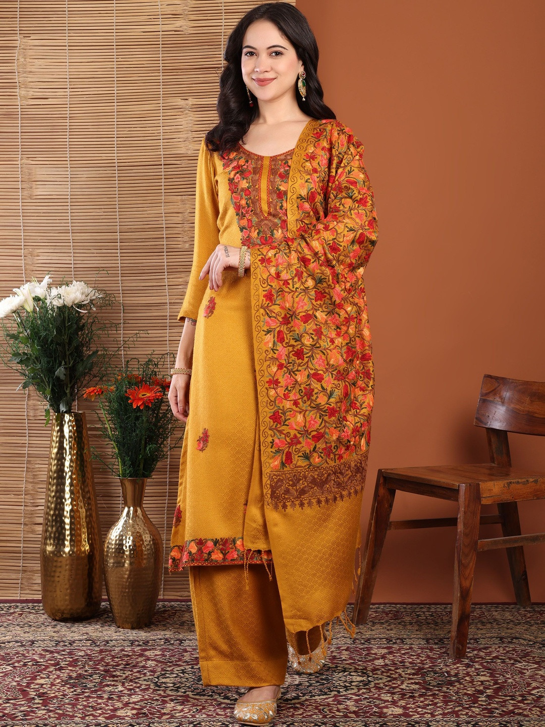 Hemkunt Fabric Floral Embroidered Thread Work Unstitched Dress Material